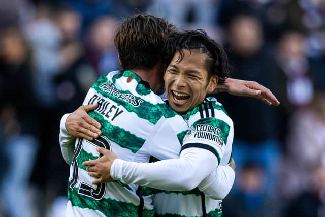 Celtic’s Matt O’Riley and Tomoki Iwata were both on the scoresheet as Hearts were beaten 4-1 at Tynecastle