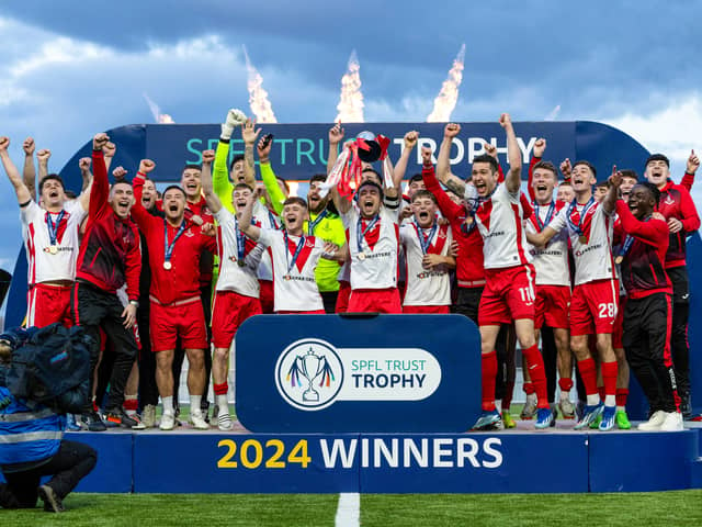  Airdrie lift the SPFL Trust Trophy during the SPFL Trust Trophy Final match between The New Saints and Airdrieonians at Falkirk Stadium