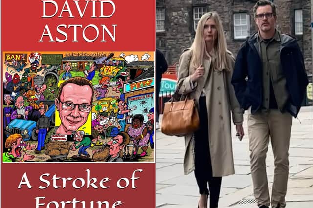Neighbours Catriona Henderson and Stuart McMorris pictured outside Edinburgh Sheriff Court, right, and left, A Stroke Of Fortune novel front cover.