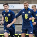 Porteous (right) and Kieran Tierney in training with Scotland at Lesser Hampden.