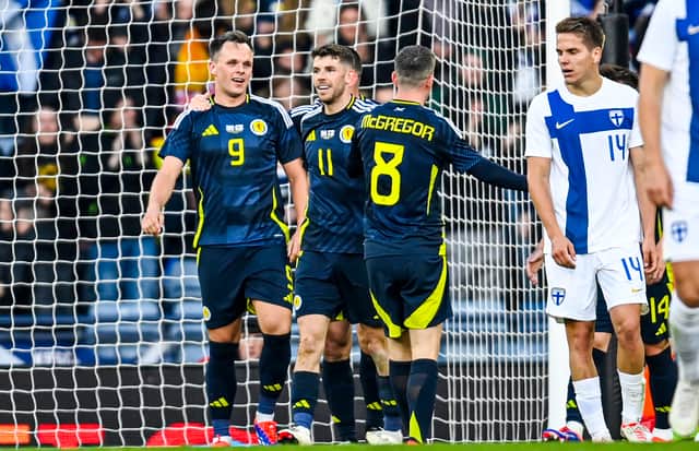 Scotland's Lawrence Shankland celebrates as he scores to make it 2-0 against Finland