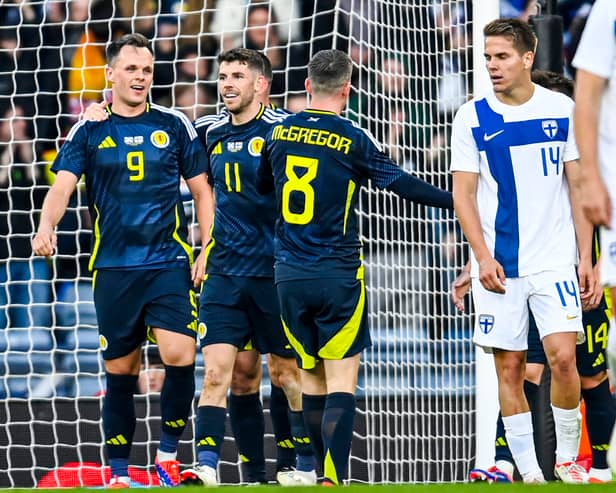 Scotland's Lawrence Shankland celebrates as he scores to make it 2-0 against Finland