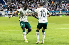 Boyle (right) and Elie Youan celebrate the Socceroos star's goal against Luzern in the UEFA Conference League.