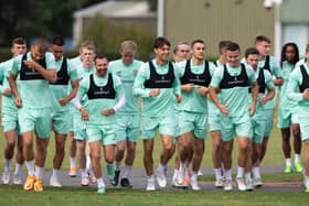 Ryan Porteous, Martin Boyle, Joe Newell, Kyle Magennis, Dylan Tait and Chris Cadden during a Hibernian training session at the Hibernian Training Centre, on August 25, 2022